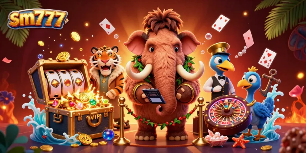 Experience the thrill of sm777 with a vibrant casino illustration featuring unique characters and game elements.