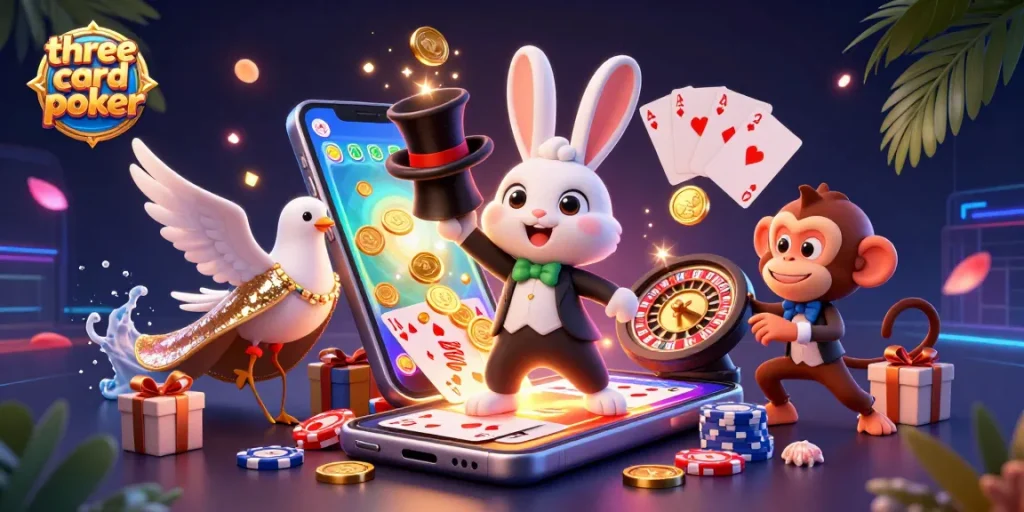 Experience the thrill of three card poker with playful characters and exciting casino elements in this captivating scene.