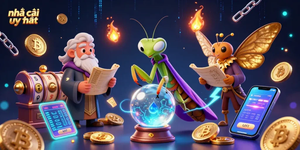Experience thrilling gaming with nhà cái uy tín featuring vibrant slots, crypto elements, and an enchanting fortune teller.