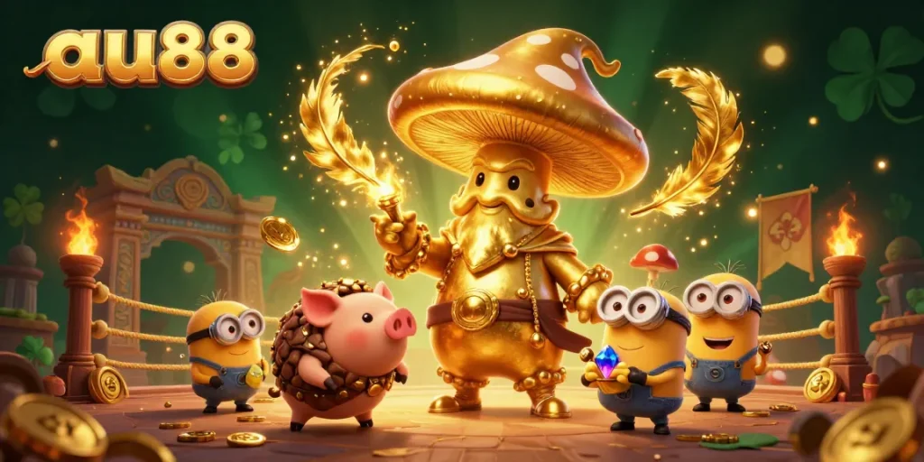 Experience thrilling games at au88 with a golden wizard, treasure, and dynamic casino elements.