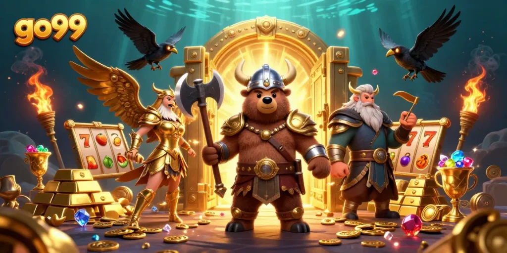 Experience thrilling wins at go99 with a Viking berserker and golden treasures in this action-packed casino scene.