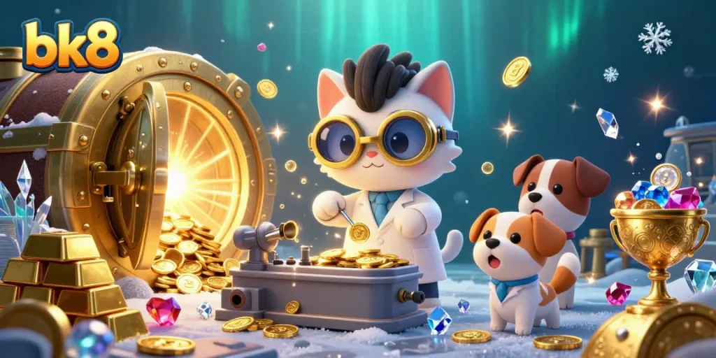 Experience the thrill of bk8 casino with a vibrant 3D scene of a mad scientist cat and loyal dog creating wealth.