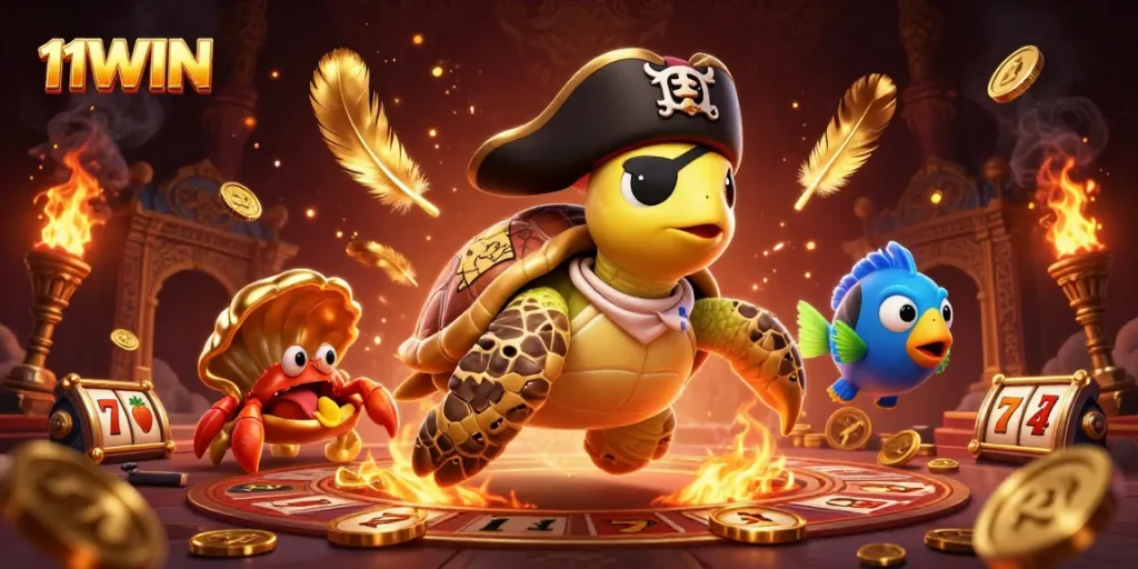 Engage in thrilling slot games with 11WIN's vibrant cartoon illustration of unique characters and casino elements.