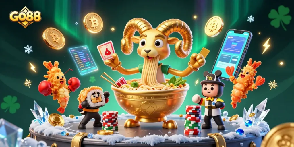 Experience thrill and excitement at GO88 with vibrant casino characters and crypto elements.