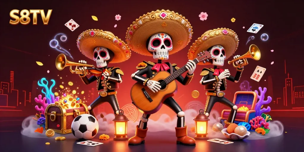 S8TV showcases a vibrant sports betting scene featuring a Day of the Dead mariachi band amidst treasures and betting elements.