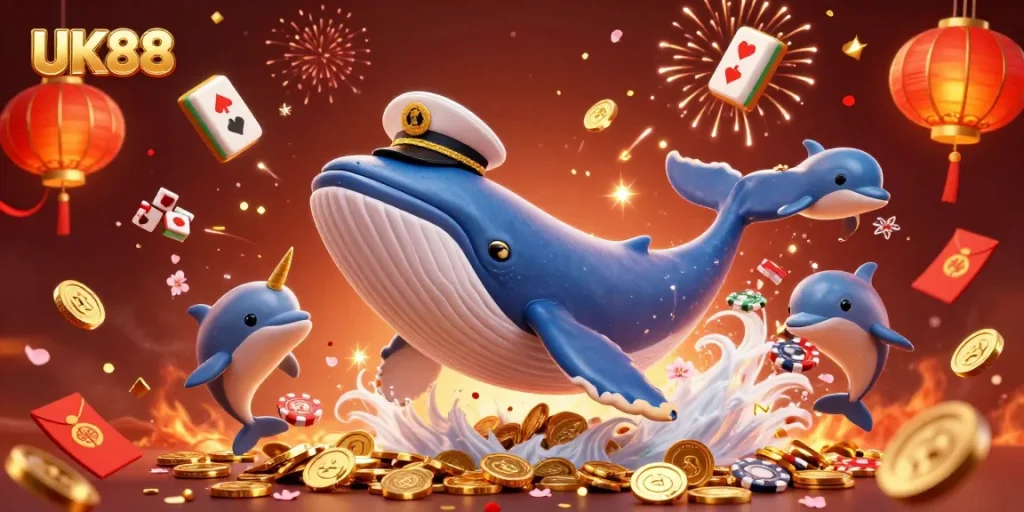 Engage with UK88's vibrant casino atmosphere featuring a whale in coins, playful dolphins, and festive decorations.