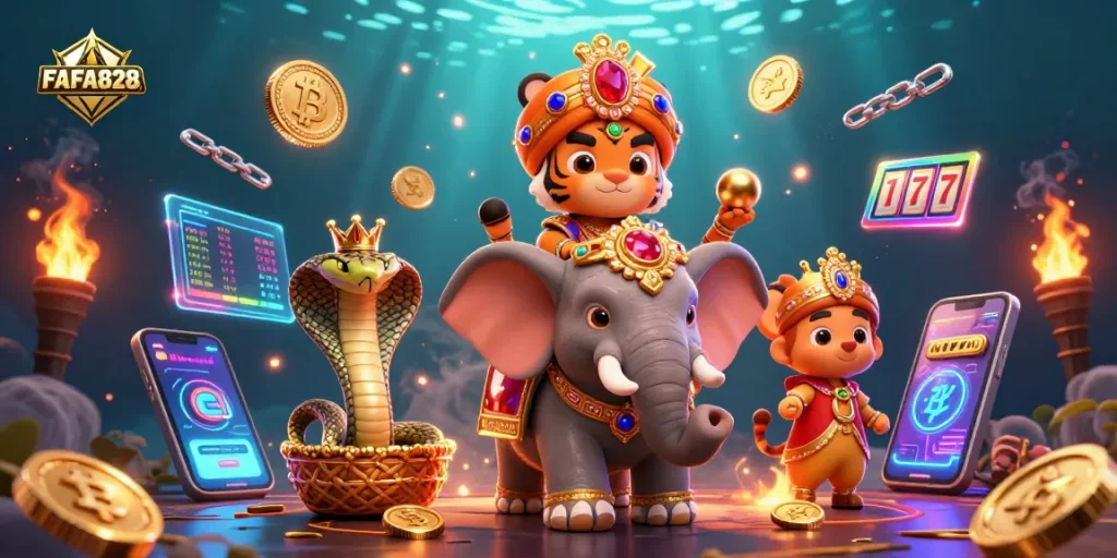 Engage with FAFA828 for thrilling casino fun illustrated by a vibrant maharaja and elephant.