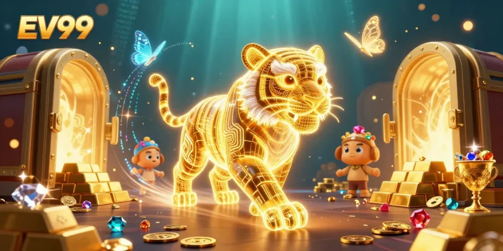 Join the excitement at EV99, where a golden tiger leads the way through a vibrant digital casino.