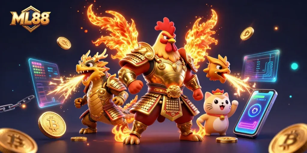 Experience thrilling action at ML88 with vibrant characters and crypto elements in a dynamic casino scene.