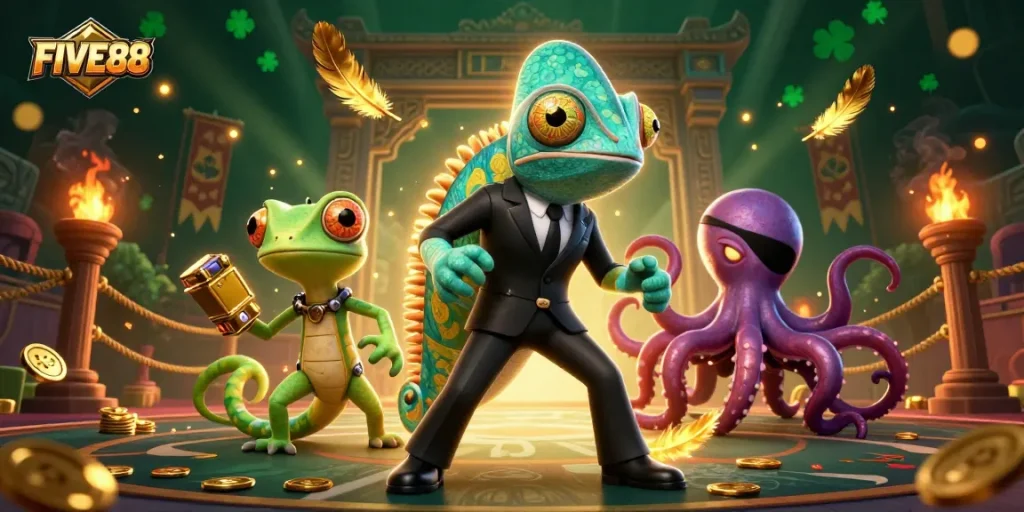 Experience thrilling gameplay at FIVE88 with vibrant action in a rich casino-themed illustration.