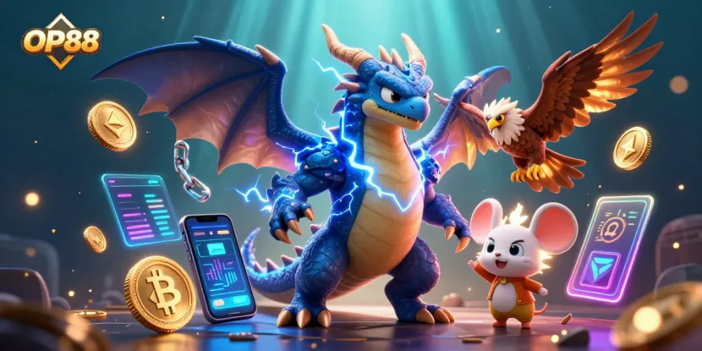 Immerse yourself in OP88's electrifying gaming realm with animated characters and crypto elements.