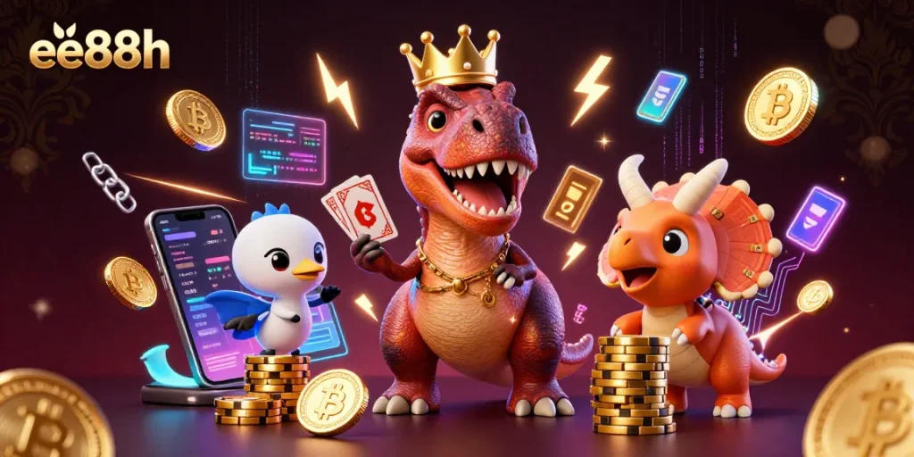 Engage with the fun of ee88h casino while a dinosaur shuffles cards and a pterodactyl assists.