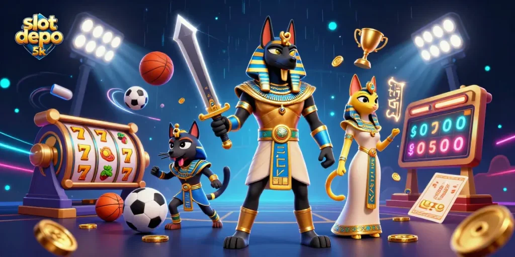 Engage in thrilling gameplay at slot depo 5k while admiring ancient Egyptian warriors amid vibrant casino elements.