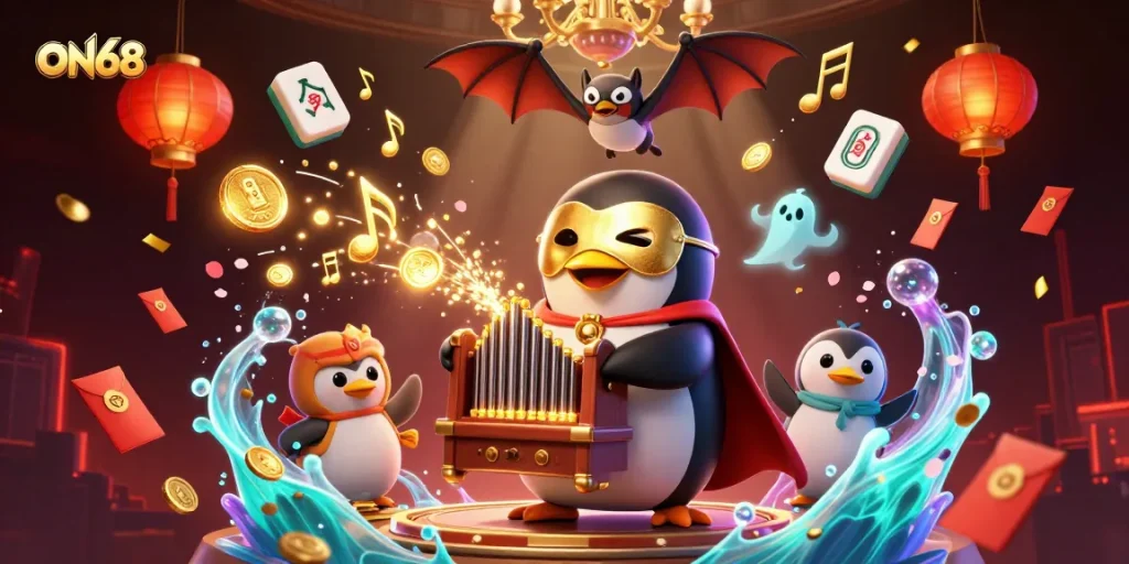 Experience the thrilling rewards at ON68 with our captivating casino-themed 3D illustration featuring a charming opera penguin.