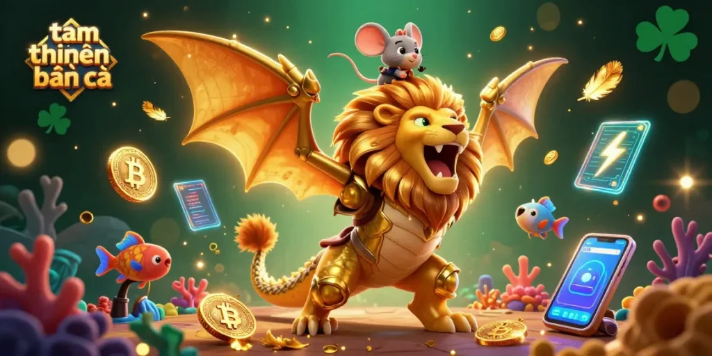 Experience the thrill of tam tiên bắn cá with a vibrant 3D fishing adventure illustration featuring mystical sea creatures and crypto elements.