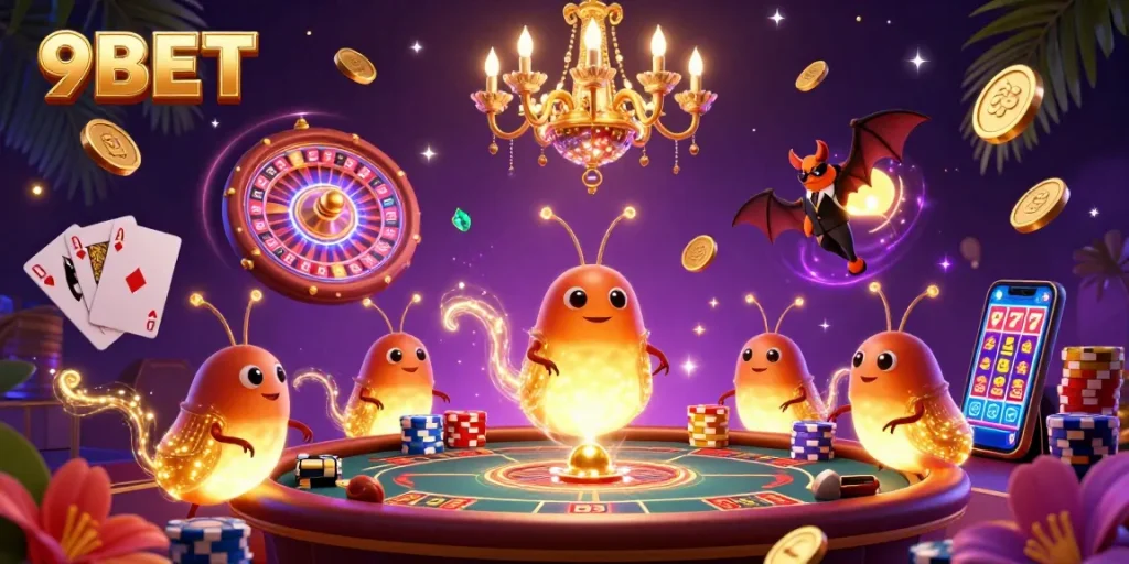 Experience the thrilling ambiance of 9BET’s vibrant casino scene illuminated by glowworms and rich game elements.