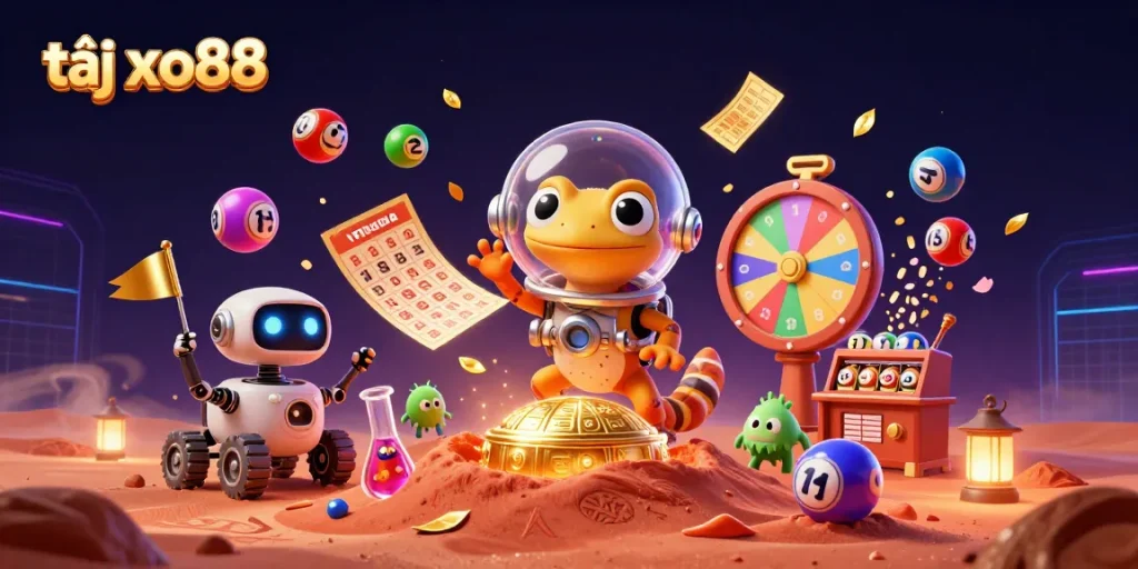 Tại xo88 offers a vibrant 3D casino scene with a Martian gecko exploring a golden casino amidst cheerful alien bacteria.