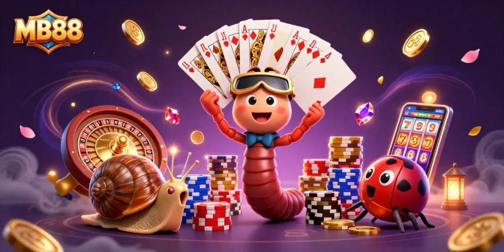 Engage in thrilling gameplay at MB88 with a whimsical 3D deal featuring unique characters and vibrant casino elements.