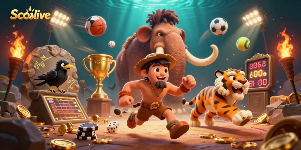 Socolive offers dynamic sports betting action with an exciting prehistoric casino scene featuring lively characters.