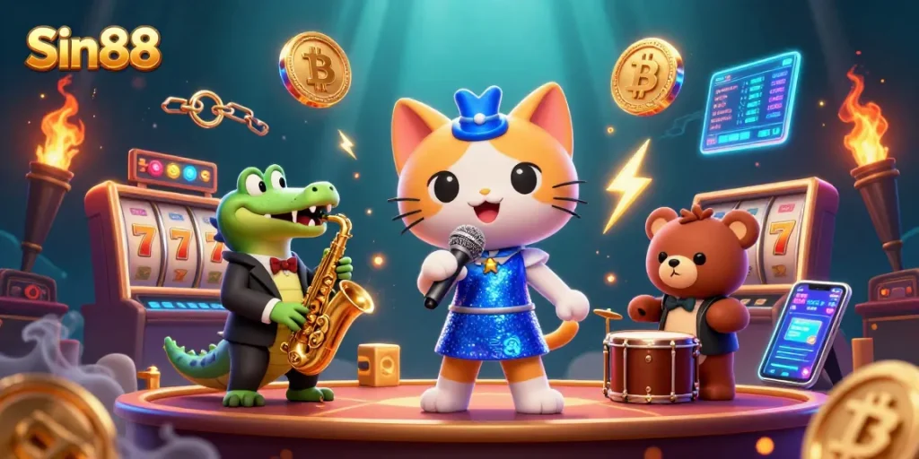 Sin88 shines with a jazz-singer cat, a saxophone-playing crocodile, and a drum bear, illustrating casino fun.
