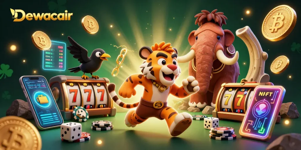 Dewacair enhances gameplay with a vibrant scene of caveman and tiger in a prehistoric casino.