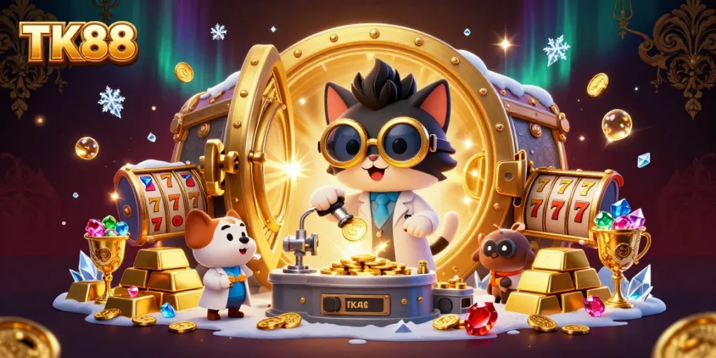 Win big with TK88 while enjoying a vibrant, packed casino scene featuring slot elements.