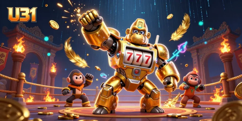 Experience U31's thrilling adventure with a golden mech and jackpot symbols in an electrifying casino scene.