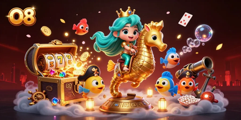 O8 mermaid princess riding a seahorse with colorful marine friends in an exciting underwater casino scene.