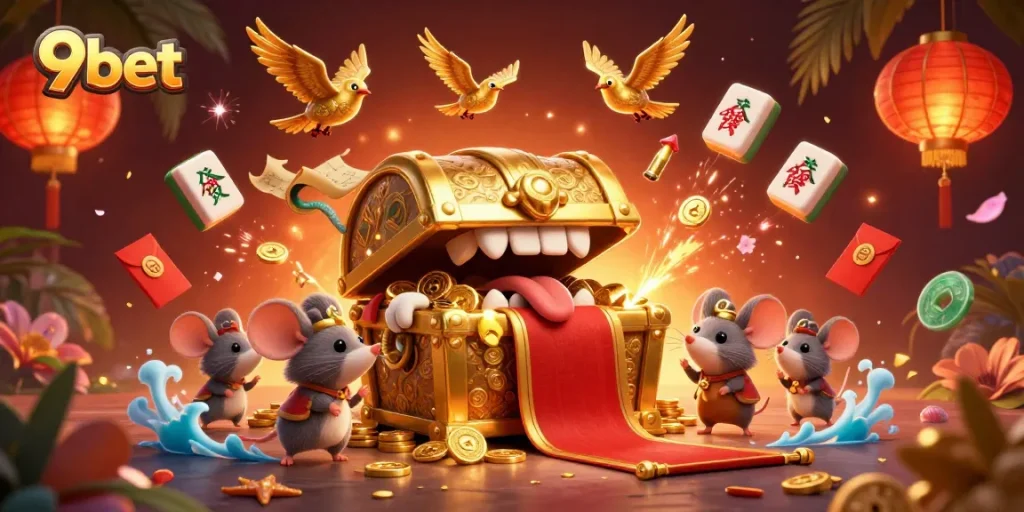 Explore thrilling gaming with 9bet's enchanting 3D treasure chest illustration, showcasing adventure and winnings.