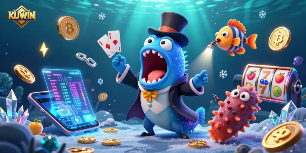 KUWIN's thrilling casino magic act with vibrant characters, sleek crypto coins, and dazzling effects.