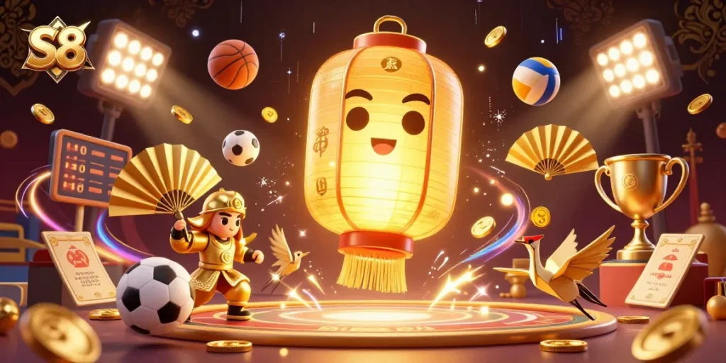 S8 engages in a vibrant casino scene with a golden lantern spirit and dynamic sports elements.