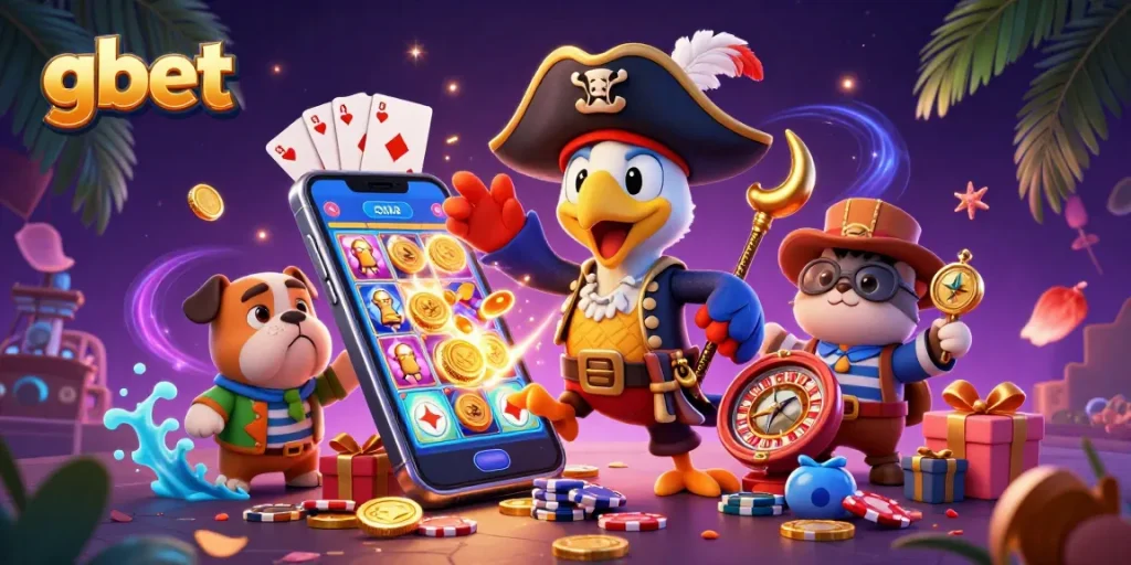 gbet slot game excitement with a pirate captain, bulldog, and cat among casino elements.