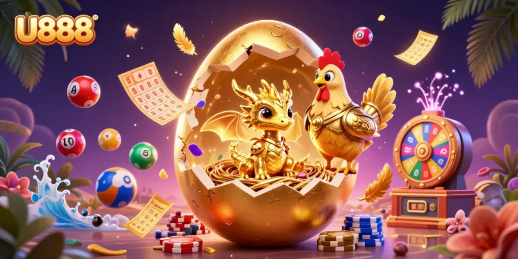 U888 features a myriad of colorful lottery elements and a golden dragon amidst vibrant casino imagery.