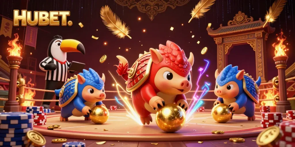 HUBET pangolins compete in an exciting casino game with poker chips, showcasing vibrant elements.