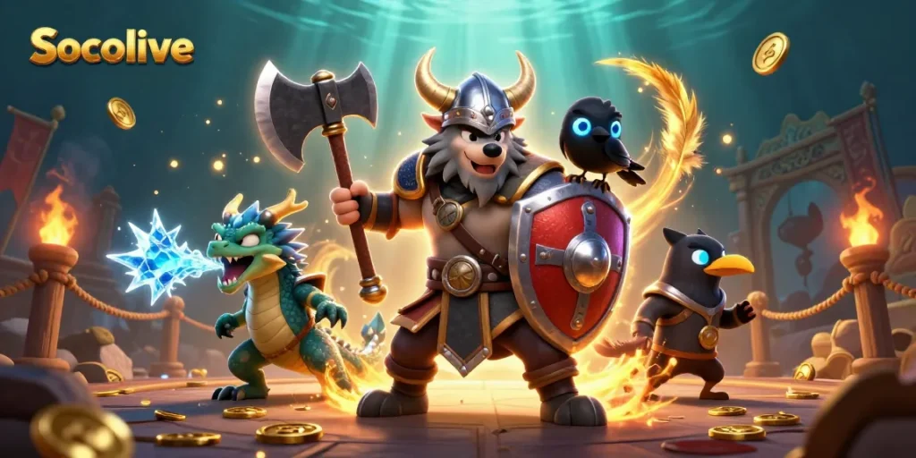 Socolive offers an exciting view of gaming action with a Viking wolf warrior and dragon in a packed arena.