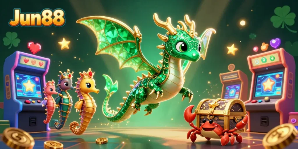 Experience thrilling gameplay at Jun88 with a vibrant 3D illustration filled with casino excitement.
