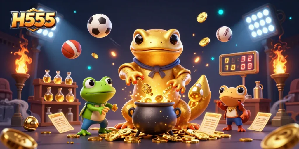 H555 transforms gameplay with a magical golden alchemist and lively sports elements.