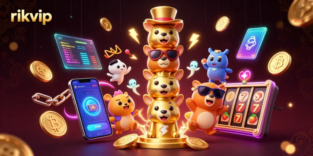 Experience thrilling games at rikvip featuring a 3D golden totem with casino elements and cryptocurrencies.