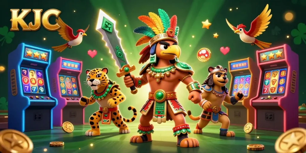 KJC casino-themed illustration with vibrant Aztec warriors, slot reels, and gaming elements