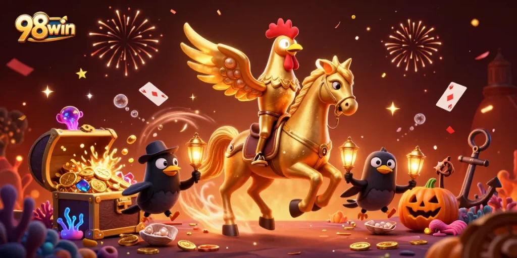Experience the thrill at 98win with a golden rooster and vibrant casino scene.