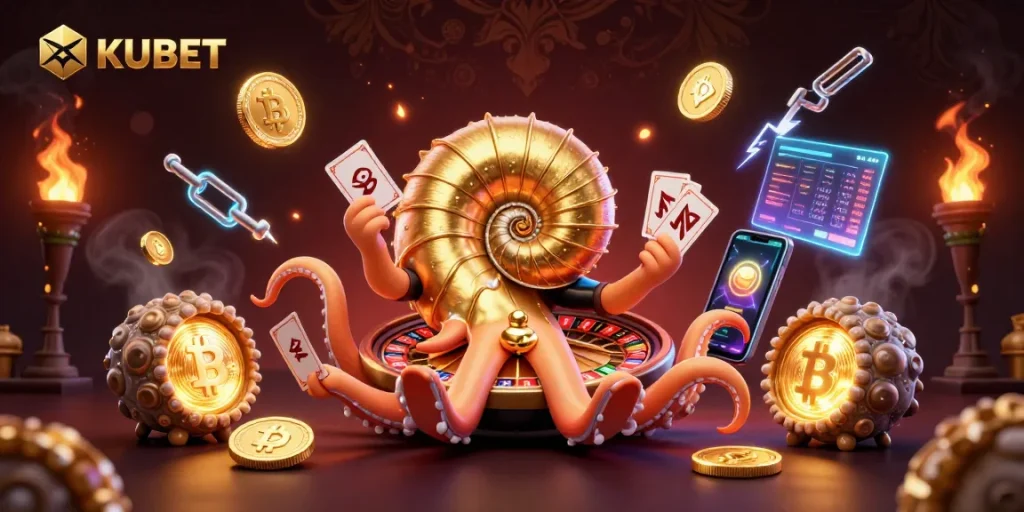 KUBET showcases a vibrant 3D nautilus roulette wheel amidst crypto coins and game elements, enhancing the casino experience.