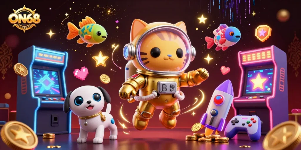 Experience thrilling gaming at ON68 with vibrant 3D characters and casino elements.