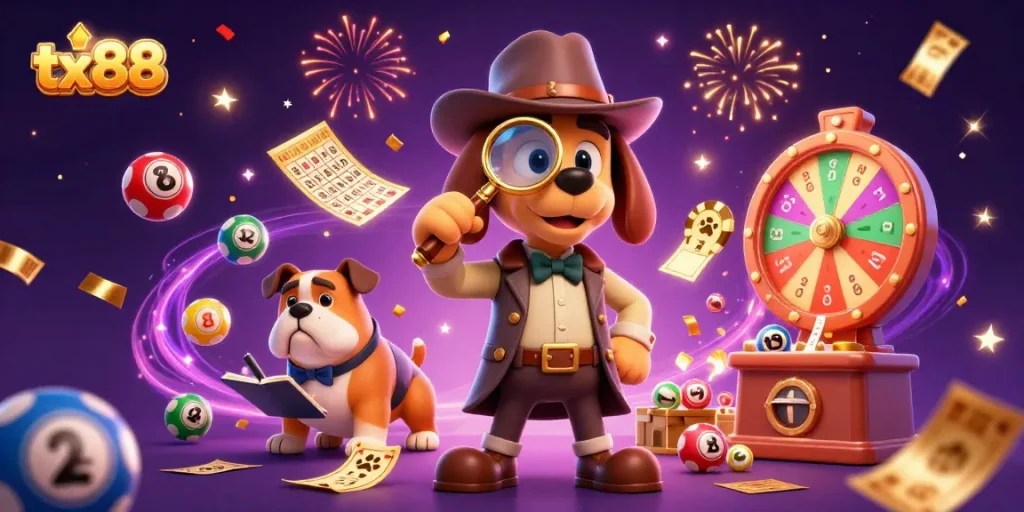 tx88 captures excitement with cartoon detective and lottery elements in a vibrant casino scene.