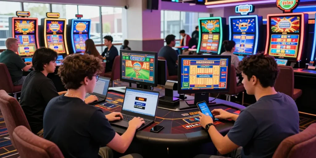 Exciting online gaming experience at credit card casinos featured by https://bhma.org.uk with players enjoying Mastercard and Visa deposits amid vibrant casino graphics.
