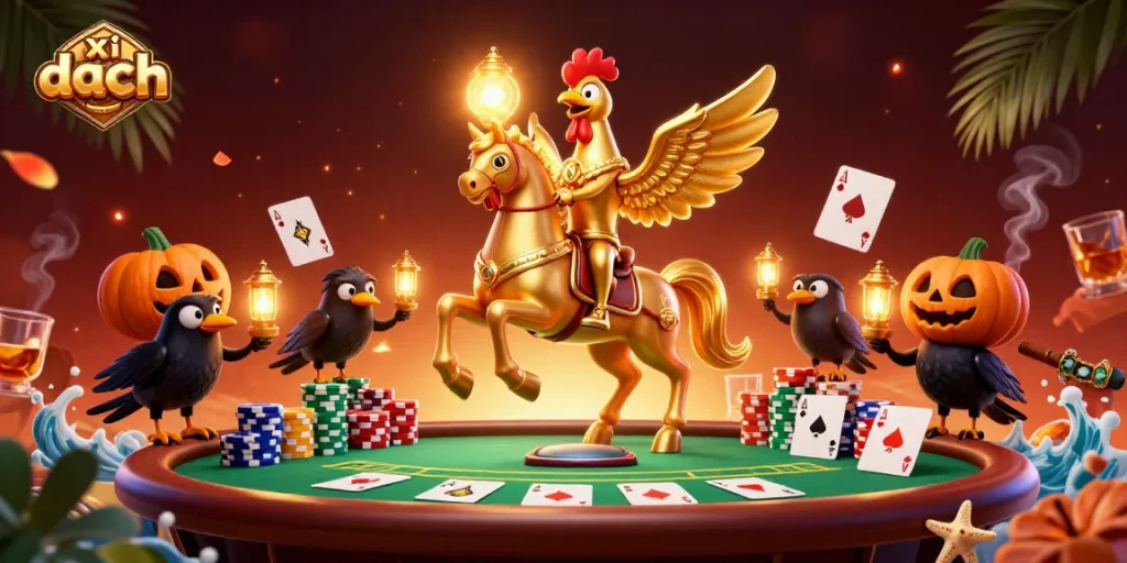 Xì dách players enjoying a thrilling game at a vibrant midnight casino, surrounded by colorful poker elements.