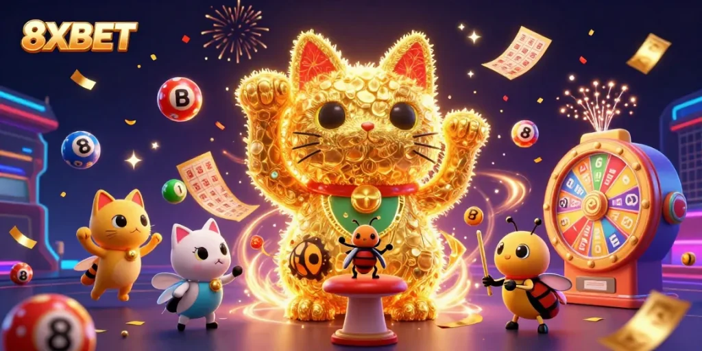Experience captivating 8XBET gaming action with a lucky cat illustration surrounded by lottery and casino elements.