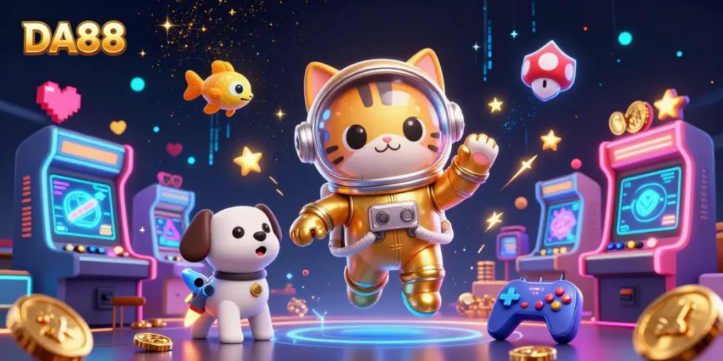Engage with DA88's gaming excitement featuring a floating astronaut cat and robot dog in a vibrant casino scene.