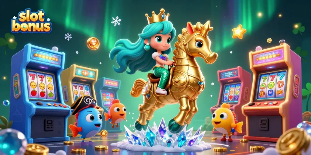 Engage in thrilling gaming with slot bonus opportunities featuring a colorful casino scene.