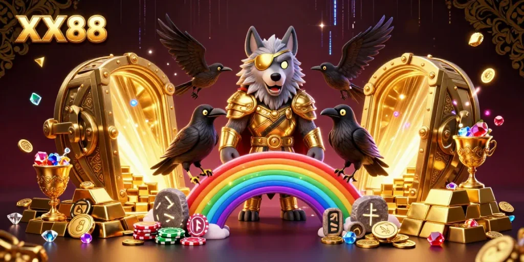Engage with thrilling XX88 casino adventures featuring Odin and mystical treasures in a vibrant 3D scene.