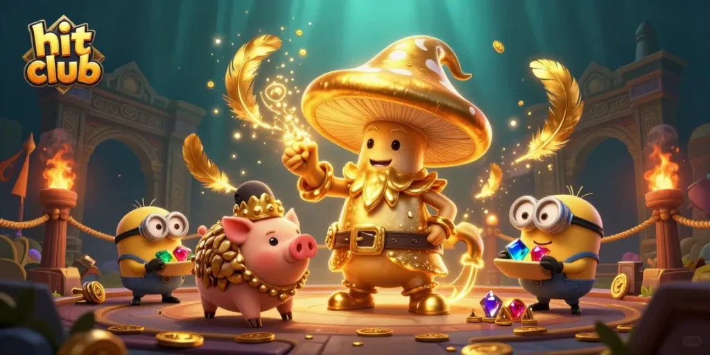 A dynamic scene showcasing the hit club golden mushroom wizard and friends in a vibrant casino setting, capturing the thrill of gaming.